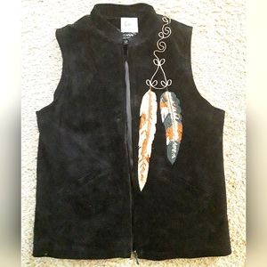MONTANACO - XS, Black  Leather Vest w/ Embroidered Feathers GENUINE LEATHER